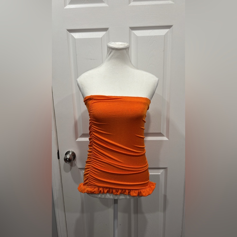 Orange Strapless Ruched Dress